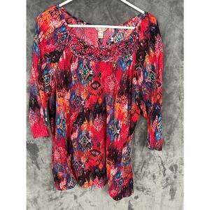 Red print tunic top long sleeve knit women’s sz 20